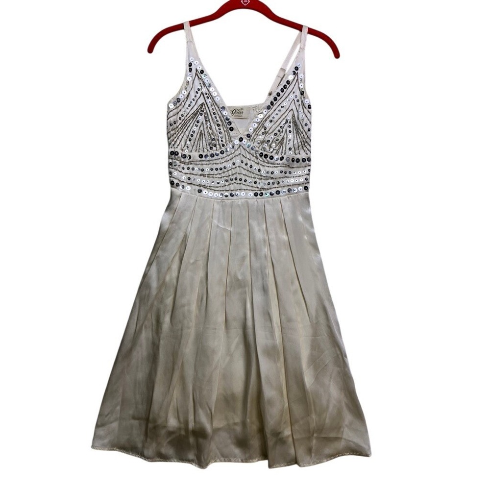 Guess Sequin Beaded Silk Dress Womens 3 Cream Art Deco‎ V-Neck YP2160 Y2K